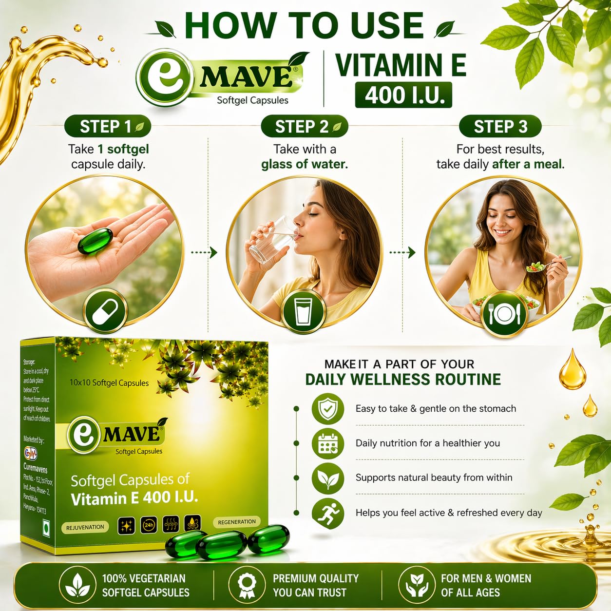 Curemavens Vitamin E 400 IU Softgel Capsules | Vitamin E Supplement for Daily Wellness | Easy-to-Consume Softgels | Nutraceutical Supplement | 30 Softgel Capsules
