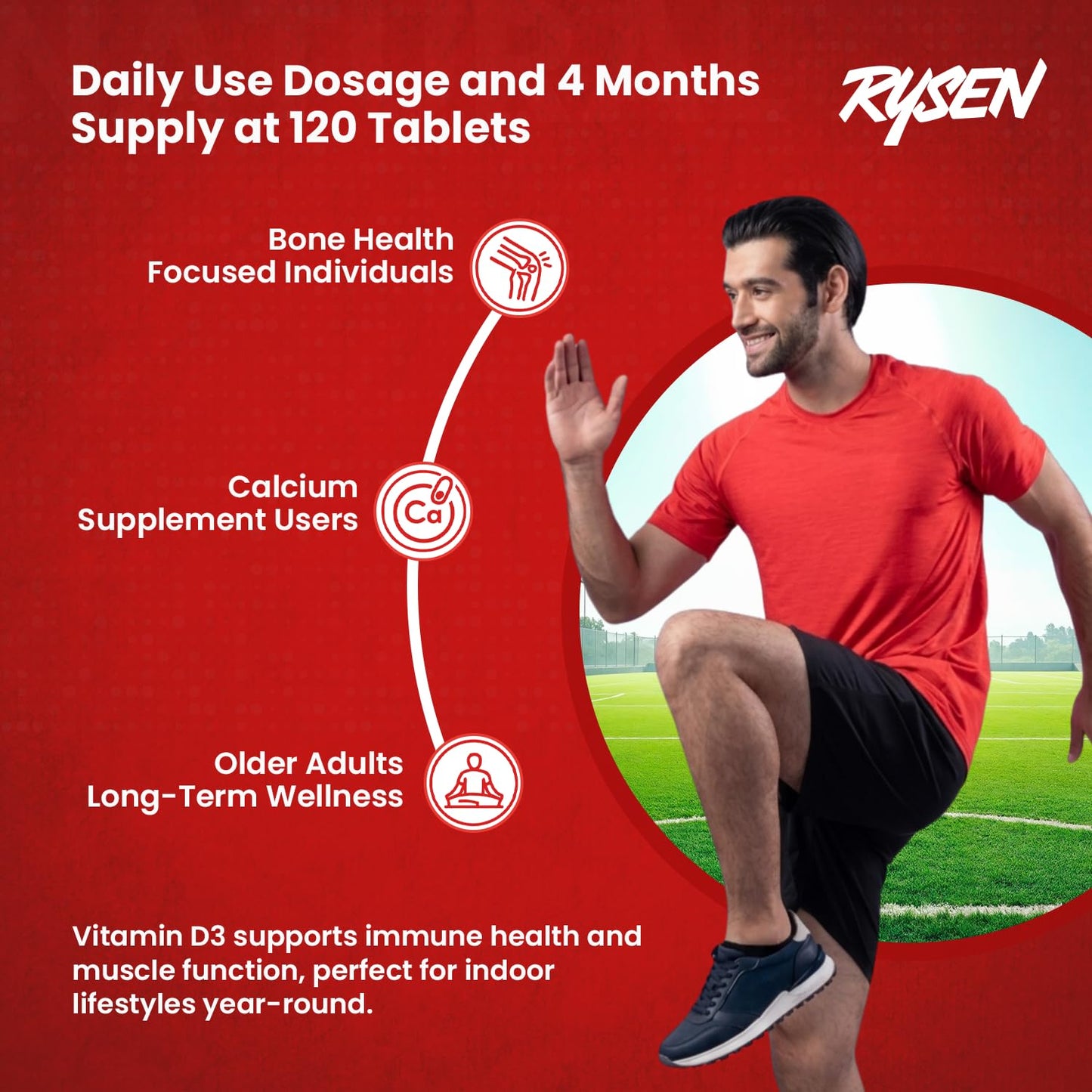RYSEN Vitamin D3 + K2 MK-7 Tablets (120 Vegan Tablets) | Supports Calcium Absorption, Bone & Heart Health | Vitamin D Supplement for Men & Women | K2 55 mcg, D3 600 IU | Lab Tested