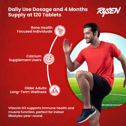 RYSEN Vitamin D3 + K2 MK-7 Tablets (120 Vegan Tablets) | Supports Calcium Absorption, Bone & Heart Health | Vitamin D Supplement for Men & Women | K2 55 mcg, D3 600 IU | Lab Tested