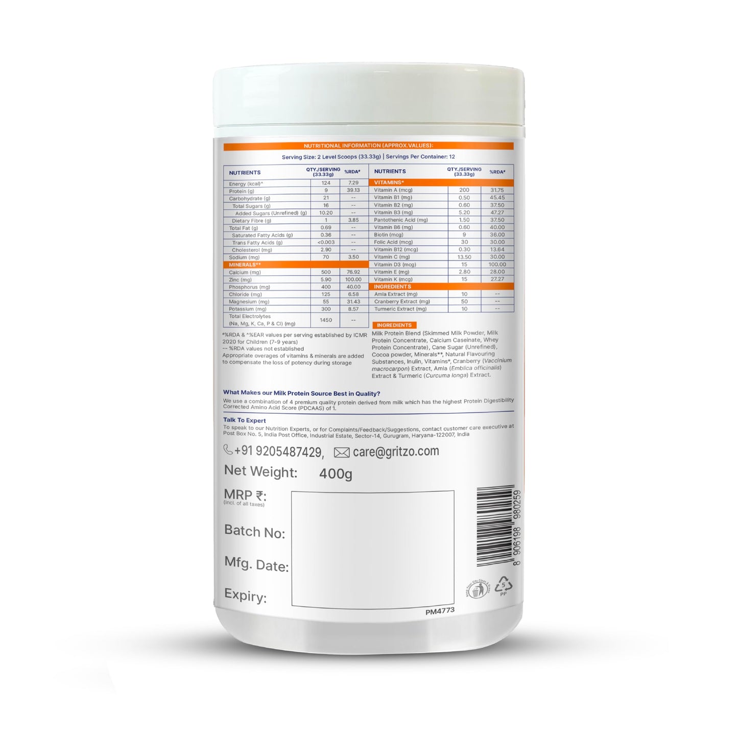 Gritzo SuperMilk Overall Growth (7-9y Girls), 9g Protein Powder (Double Chocolate, 400g) | Zero Refined Sugar, 20 Vitamins & Minerals