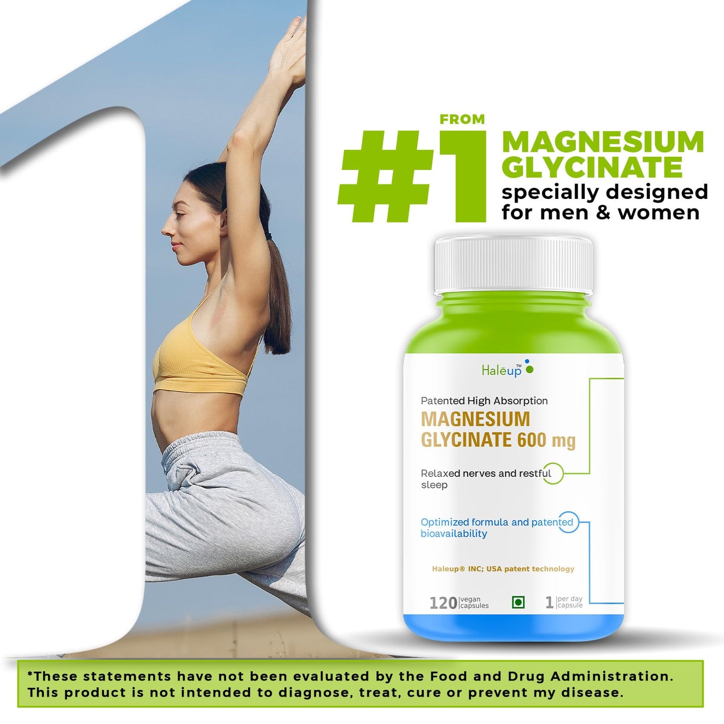 Magnesium Glycinate 99% pure Supplement 600 mg, Haleup USA, 120 capsules, High Absorption for Sleep, Cramps, muscle recovery & Nerves Health