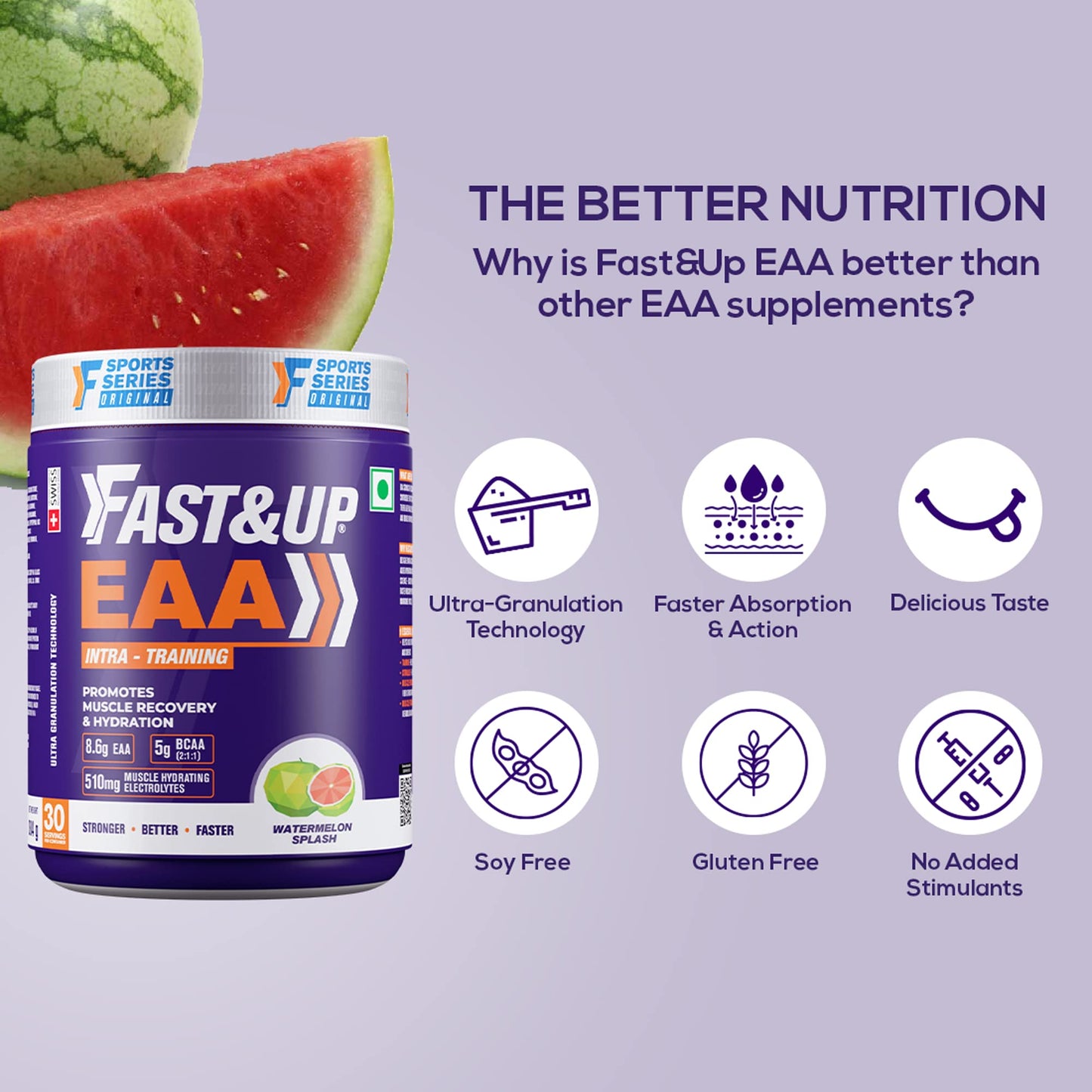 FAST&UP EAA Intra - Training/Workout drink (EAAx9) with BCAA+Electrolyte Blend+Vitamin Booster helps provide Muscle Recovery All 9 Essential Amino Acid- 30 servings (Watermelon Splash), Purple,Powder