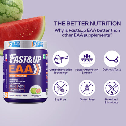 FAST&UP EAA Intra - Training/Workout drink (EAAx9) with BCAA+Electrolyte Blend+Vitamin Booster helps provide Muscle Recovery All 9 Essential Amino Acid- 30 servings (Watermelon Splash), Purple,Powder
