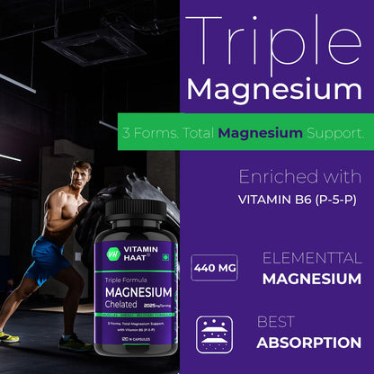Magnesium Supplement | Magnesium Glycinate and Citrate with Vitamin B6 Supports Muscle Recovery & Better Sleep | Triple Mineral Complex |2025mg Per Serving | 120 Capsule by VitaminHaat