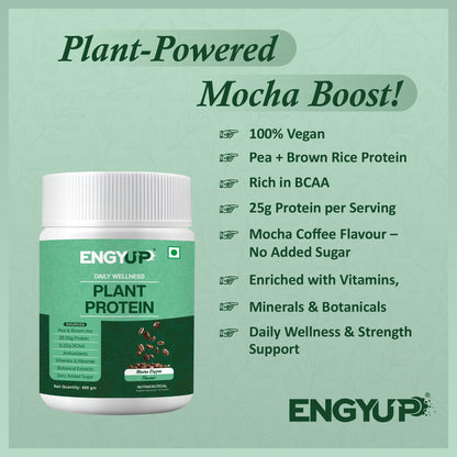 ENGYUP Plant Protein Powder(Pea & Brown Rice Protein) 25g Per Serving | Rich in BCAA with Antioxidants, Vitamins & Minerals, Herbal Extracts | Zero Added Sugar & Easy to Digest | Mocha Coffee Flavor | 400g