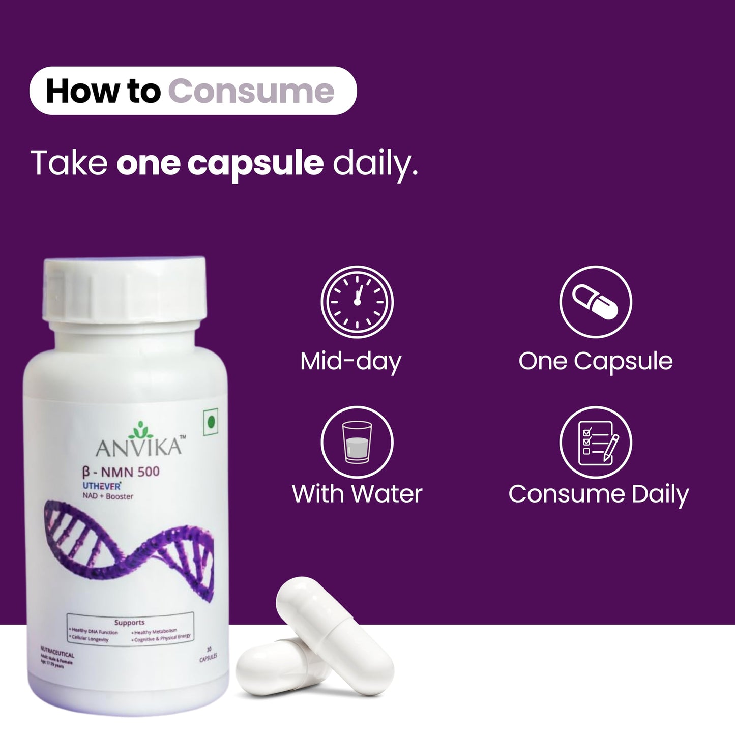 Anvika NMN Supplement, 99.9% Pure Beta NMN, NAD+ Booster for Energy, Cellular Repair & Skin Health 500 mg, 30 Veg Capsules for Men & Women, Focus, Cellular Health and Metabolism