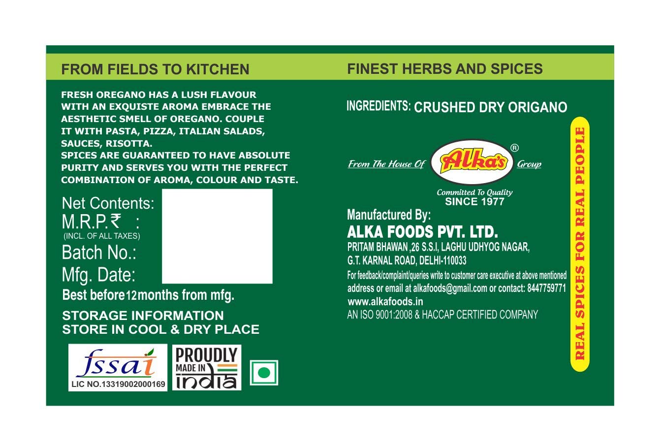 Alkas|Oregano|Seasoning for Pizza/Pasta/Italian Dishes|Easy Store Pack|100gm