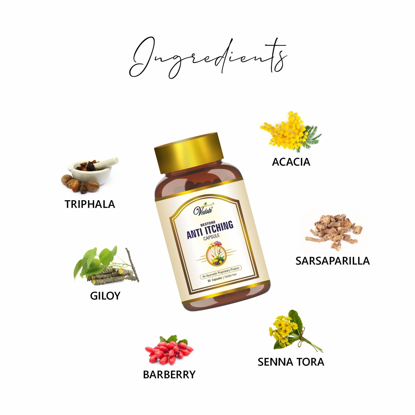 Vedobi Anti Itching Capsules | Ayurvedic Herbal Formula for Skin Wellness & Comfort | 100% Veg, Gelatin-Free | 60 Capsules