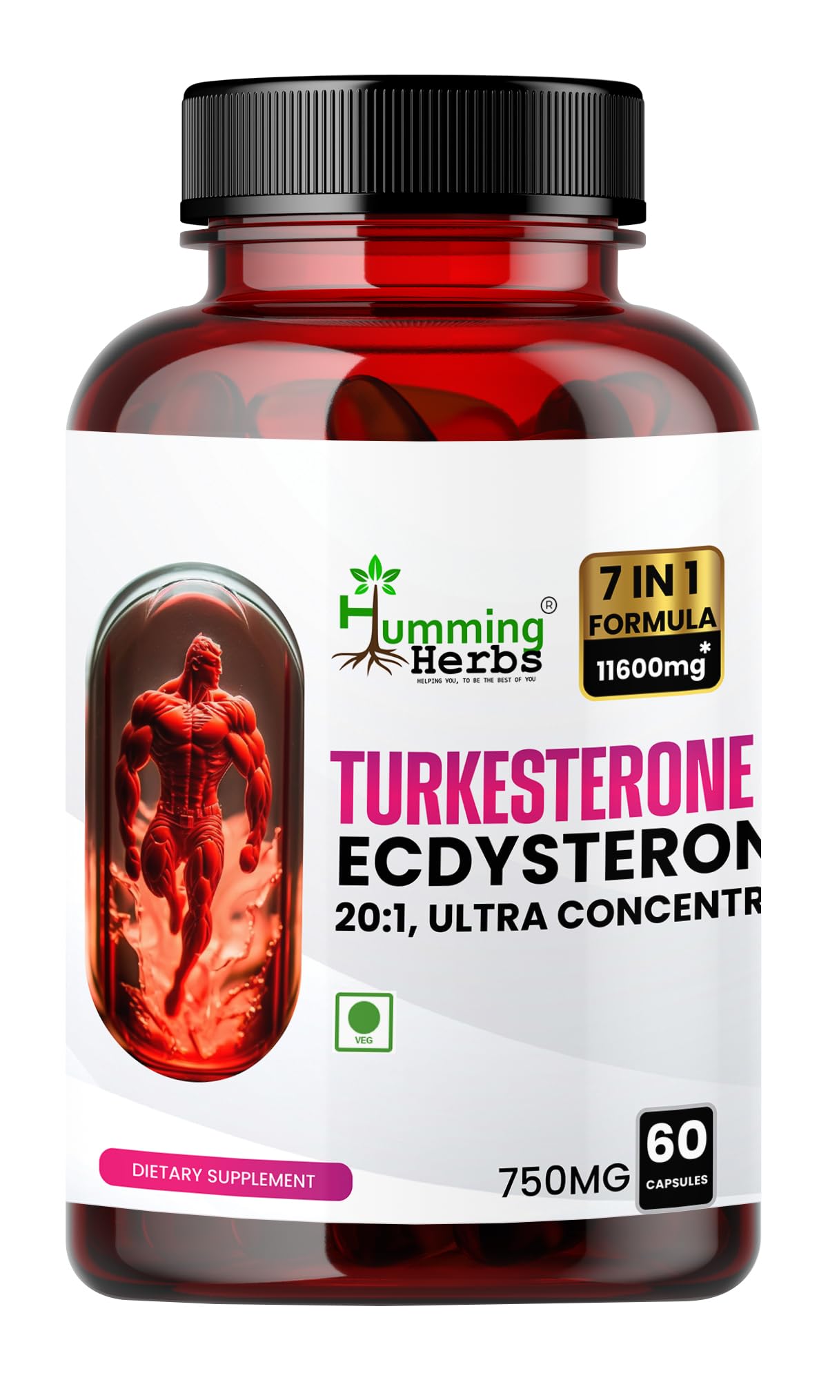 Humming Herbs Turkesterone Ecdysterone Ajuga Turkestanica Supplement with Tongkat Ali Horny Goat weed & maca | Boost Muscle Growth, Memory Support - 60 Capsules