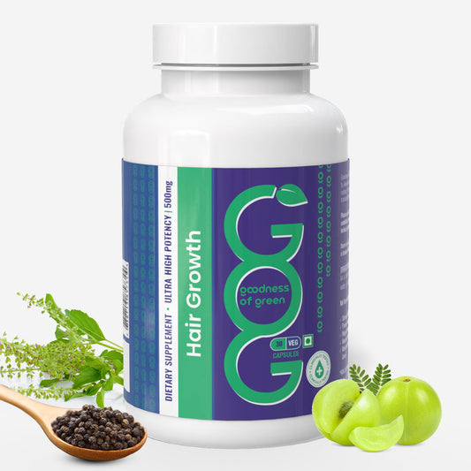 Goodness of Green Hair Growth Supplement, Reduces Hair Fall, Boosts Growth & Strengthens Roots, Herbal Capsules with Amla, Tulsi & Black Pepper, 100% Natural, Plant-Based, Vegan, 30 Capsules