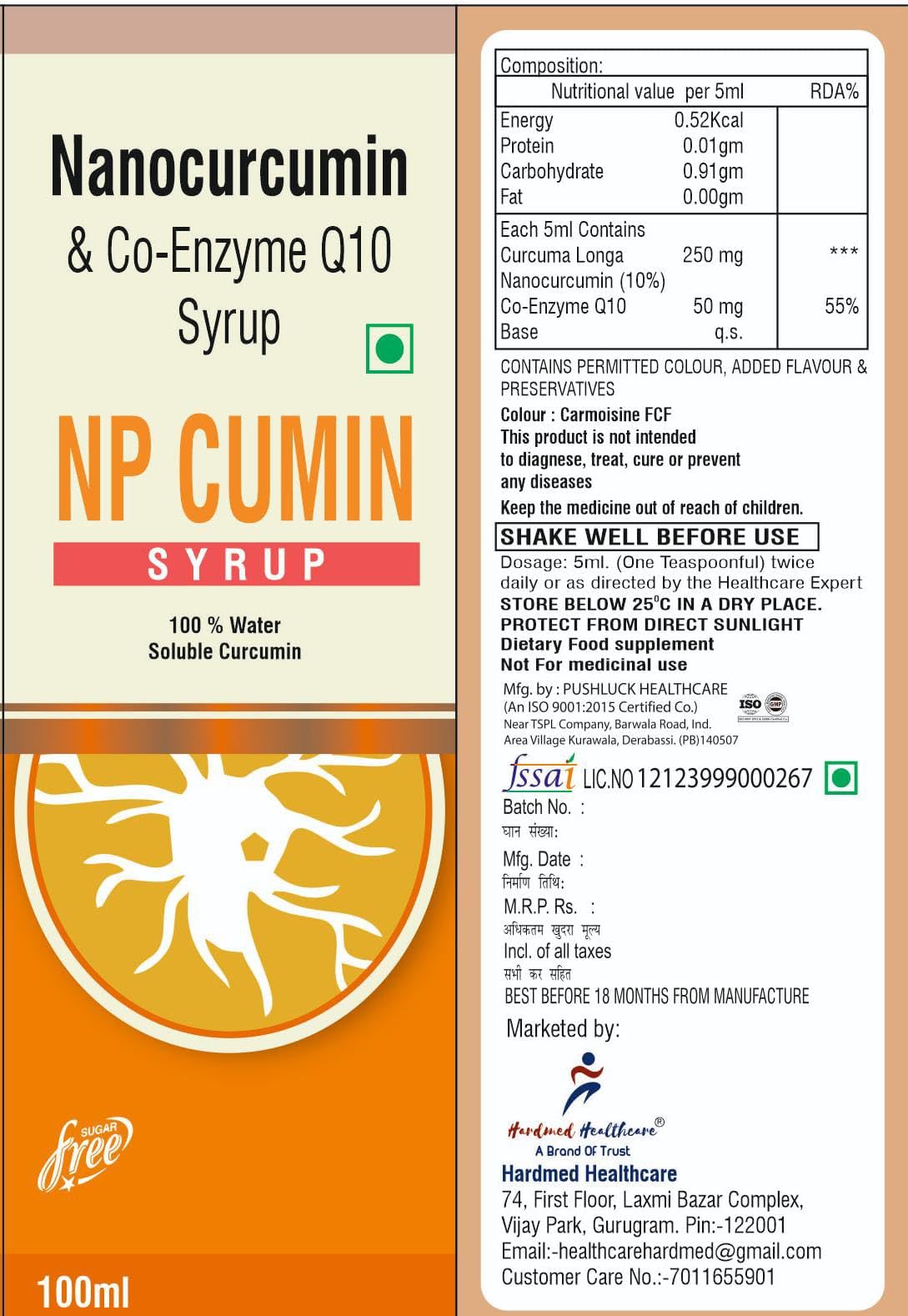 NP CUMIN Syrup of 100% Water Soluble Nano-Curcumin 250mg & Co-Enzyme Q10 50mg Syrup, 100ml Sugar Free | Good For Skin & Joint Pain | Immunity Booster | Antioxidant | For Men & Women.