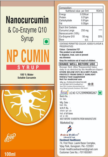 NP CUMIN Syrup of 100% Water Soluble Nano-Curcumin 250mg & Co-Enzyme Q10 50mg Syrup, 100ml Sugar Free | Good For Skin & Joint Pain | Immunity Booster | Antioxidant | For Men & Women.