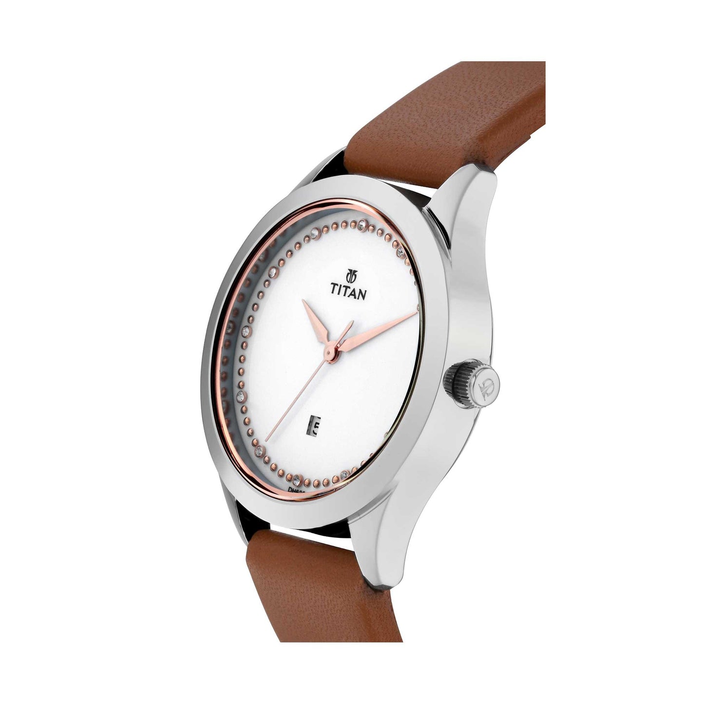 Titan Sparkle White Dial Analog Date Function Leather Watch For Women-NS2570SL02