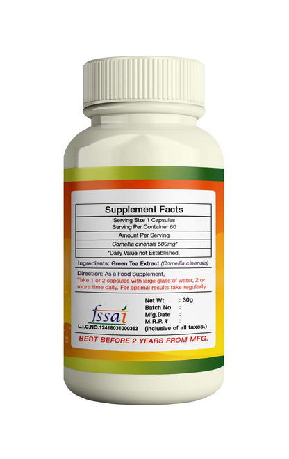 ERBZENERG Green Tea Extract (Camellia sinensis)500mg 60 Capsules (Pack of 1)