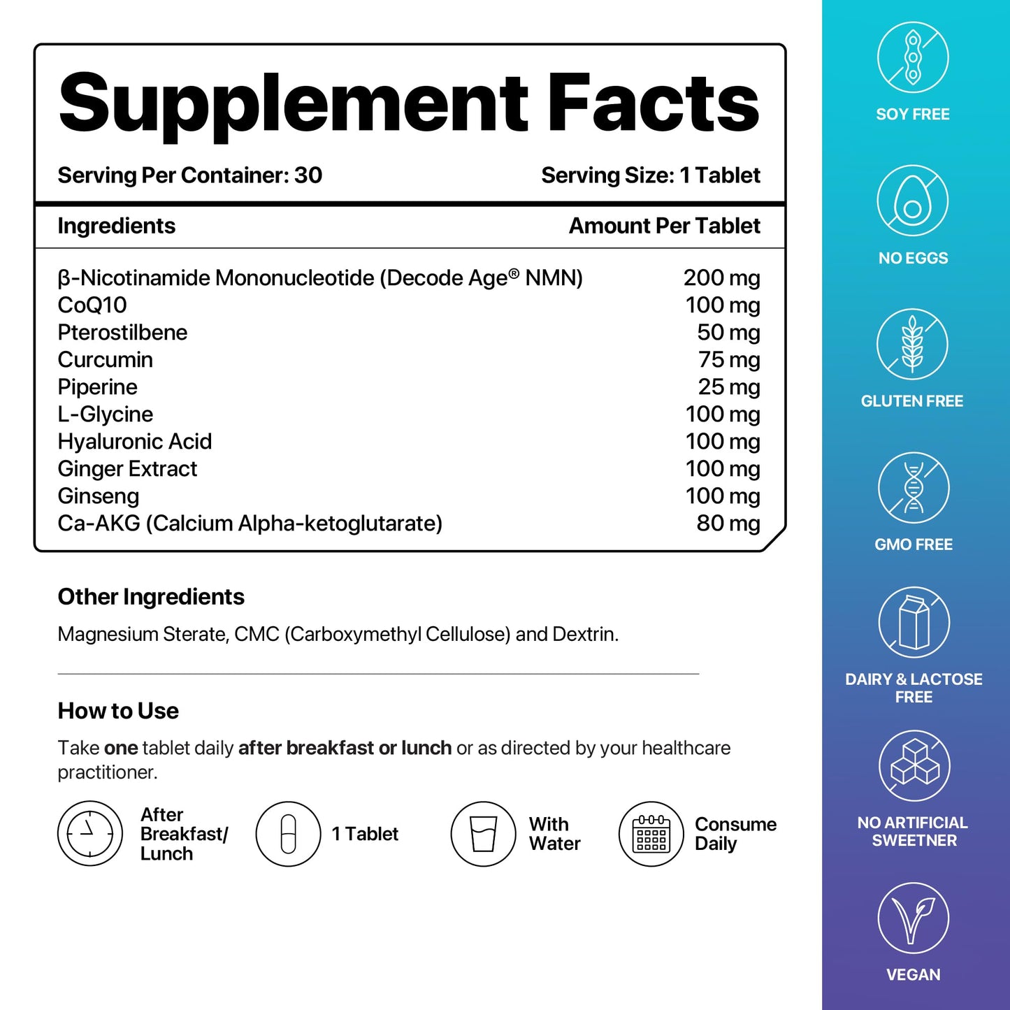 Decode Age LongeVit Supplement, contains NMN, hyaluronic acid, CoQ10 and other ingredients for Graceful Ageing, Boosts NAD+, Energy Levels, Endurance, Overall Health, Recovery, 30 Veg Tablets