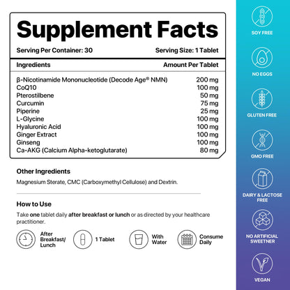 Decode Age LongeVit Supplement, contains NMN, hyaluronic acid, CoQ10 and other ingredients for Graceful Ageing, Boosts NAD+, Energy Levels, Endurance, Overall Health, Recovery, 30 Veg Tablets