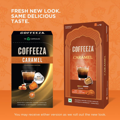 Coffeeza Caramel Flavoured Coffee Capsules, Intensity -7 | Aluminium Coffee Pods | 100% Arabica | Box of 1 (10 Capsules) | Brew Cold/Hot