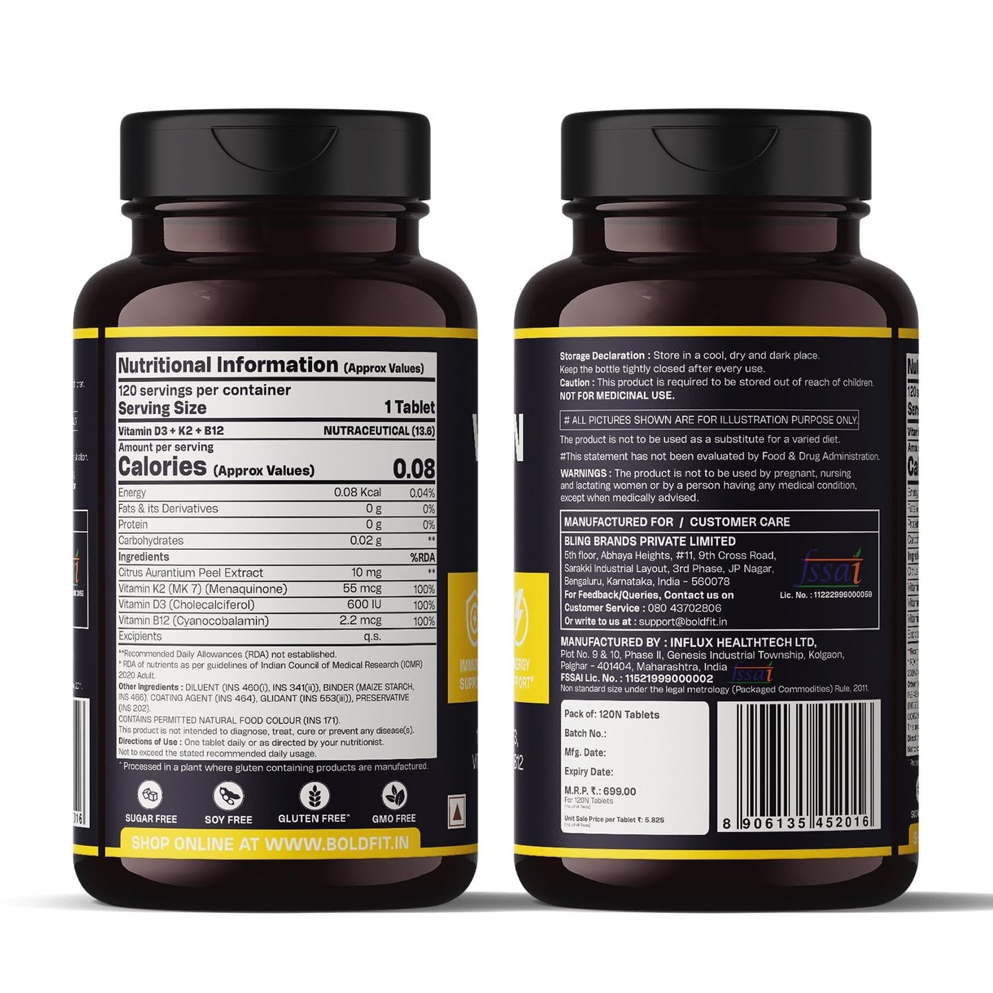 Boldfit Vitamin D3 K2 Supplement for Bone & Heart Health | Vitamin-D tablets with Vitamin-K2 MK7 | Premium Vitamin-B12 supplement for Energy, Bones, Immunity and General Wellness -120 Count