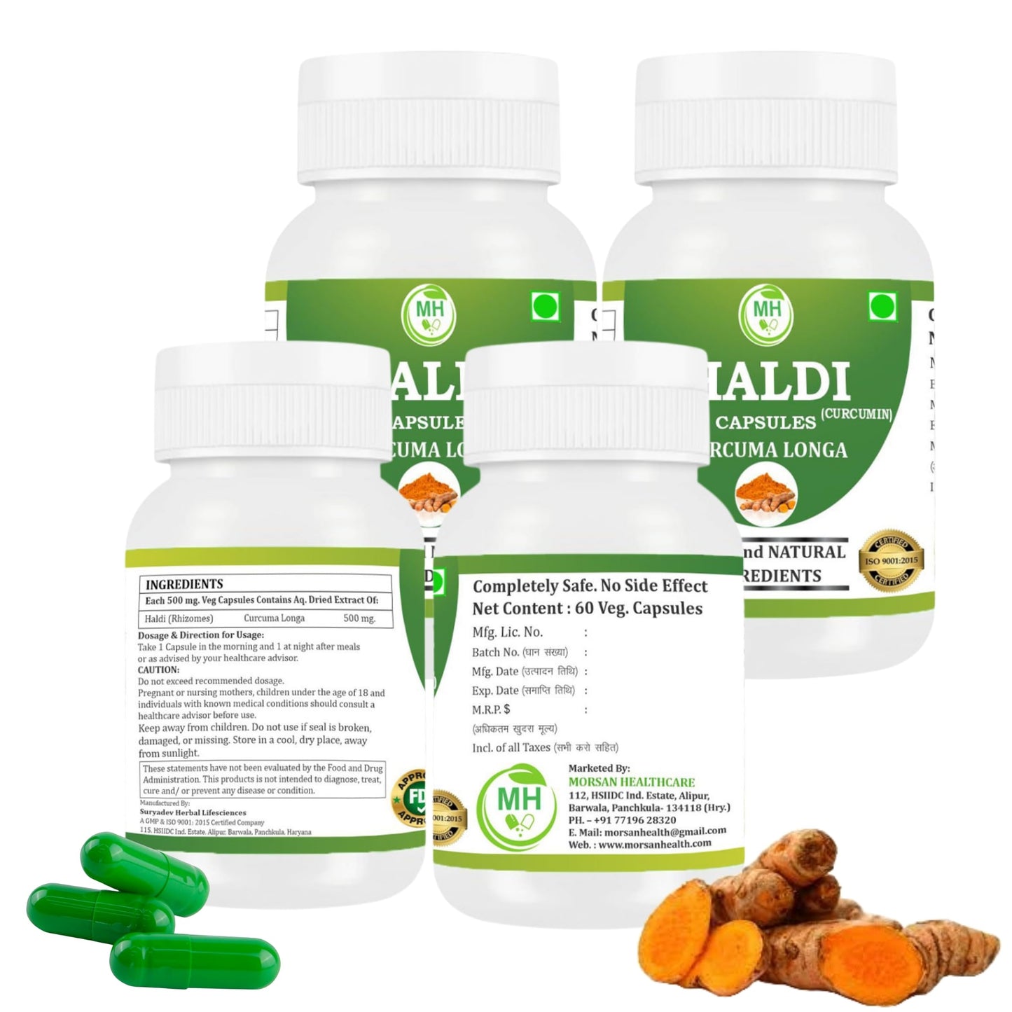 MORSAN HEALTHCARE | Haldi Capsules 500mg – 60 Count | 4 Pack | Vegetarian | Plant-Based | Herbal Supplement | No Artificial Additives | Gluten-Free | Organic |