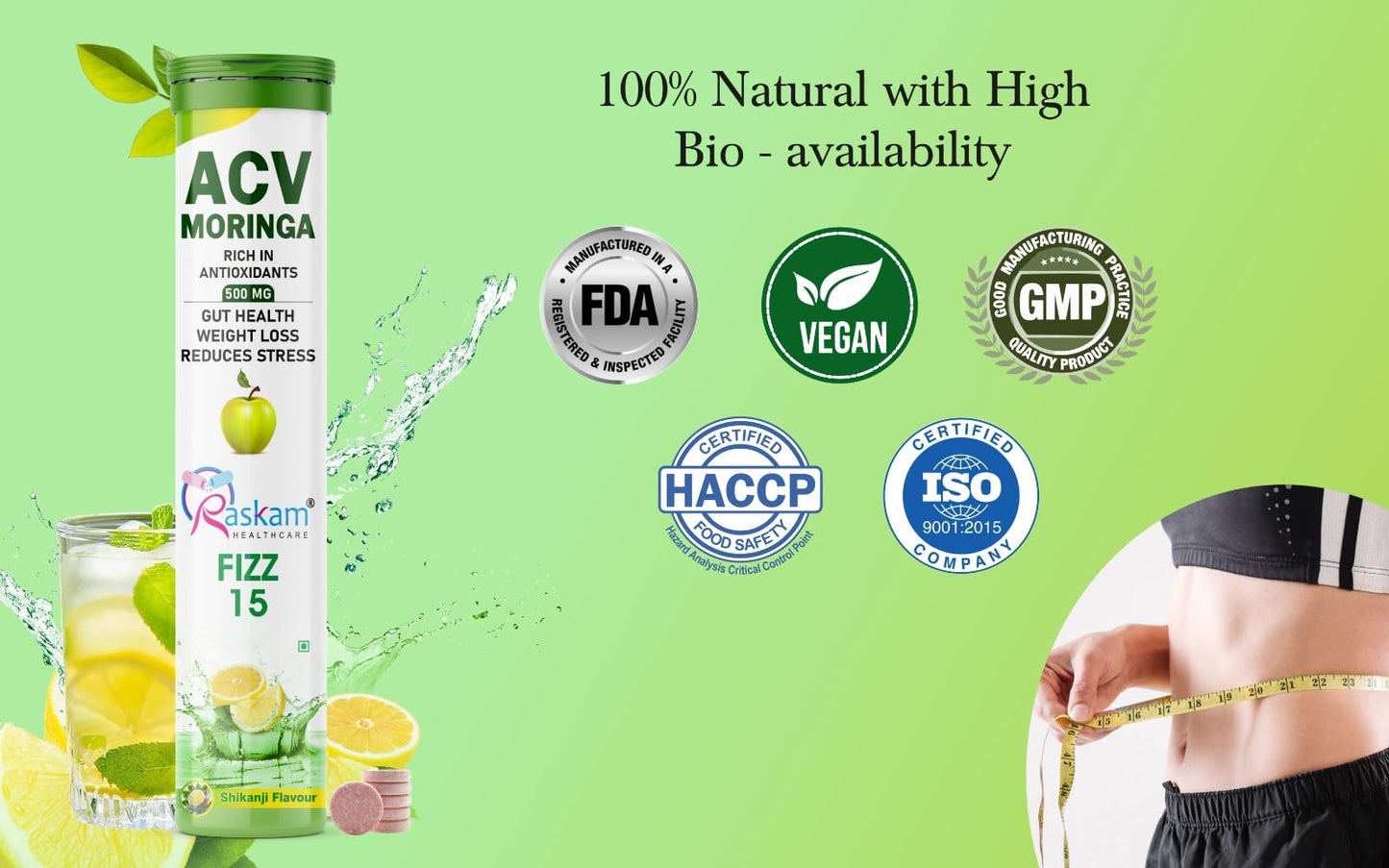 Raskam ACV Moringa 500mg Shikanji Flavour 15 Effervescent Tablets For Gut Health | Weight Loss | Reduces Stress | 100% Vegan | 15 Tablets Each (Pack of 1)
