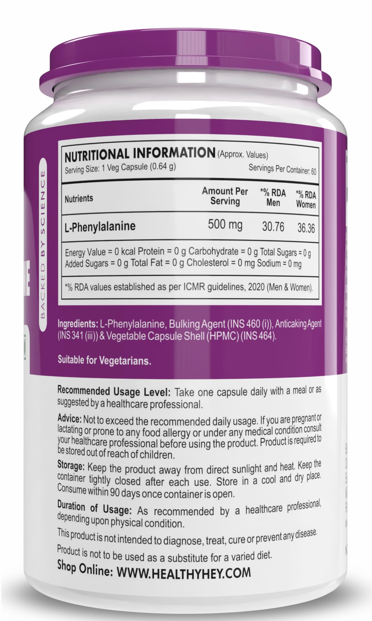 HealthyHey Nutrition L-Phenylalanine 60 Vegetarian Capsules - Gluten Free - Non GMO