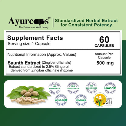 Ayurcaps Saunth (Dry Ginger) 500mg Capsules | 60 Veg Capsules | Ginger Herbal Supplement For Digestive Support, Metabolism Support And Immune Wellness | Plant-based Ayurvedic Formula For Men And Women