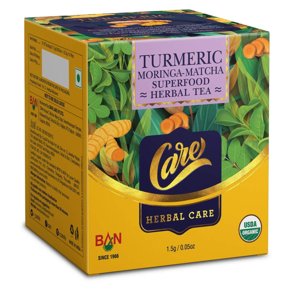 CARE Turmeric Moringa Matcha Herbal Green Tea Bags, 15 Bag (Pack of 1) Organic Desi Kahwa with Orange Peels | Whole Loose Leaves Blend | Ayurvedic Indian Kadha for Immunity Boost & Detoxification