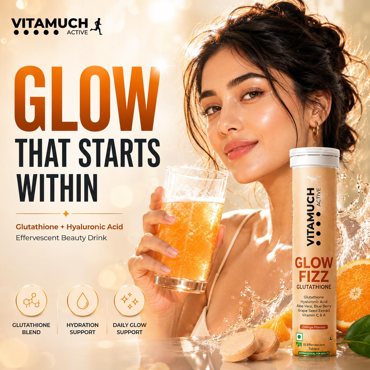 Vitamuch Glow Fizz | Glutathione Effervescent Tablets for Skin Brightening & Anti-Aging | With Hyaluronic Acid & Vitamin C | Drop, Fizz & Drink Formula | (15 Days(Pack of 1), Orange)