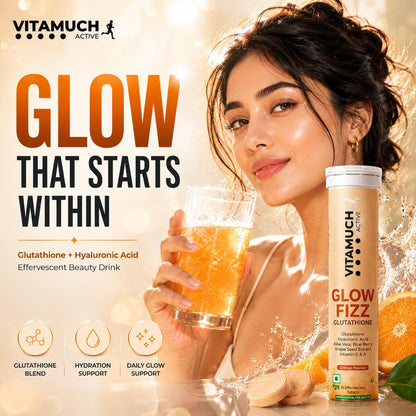 Vitamuch Glow Fizz | Glutathione Effervescent Tablets for Skin Brightening & Anti-Aging | With Hyaluronic Acid & Vitamin C | Drop, Fizz & Drink Formula | (15 Days(Pack of 1), Orange)