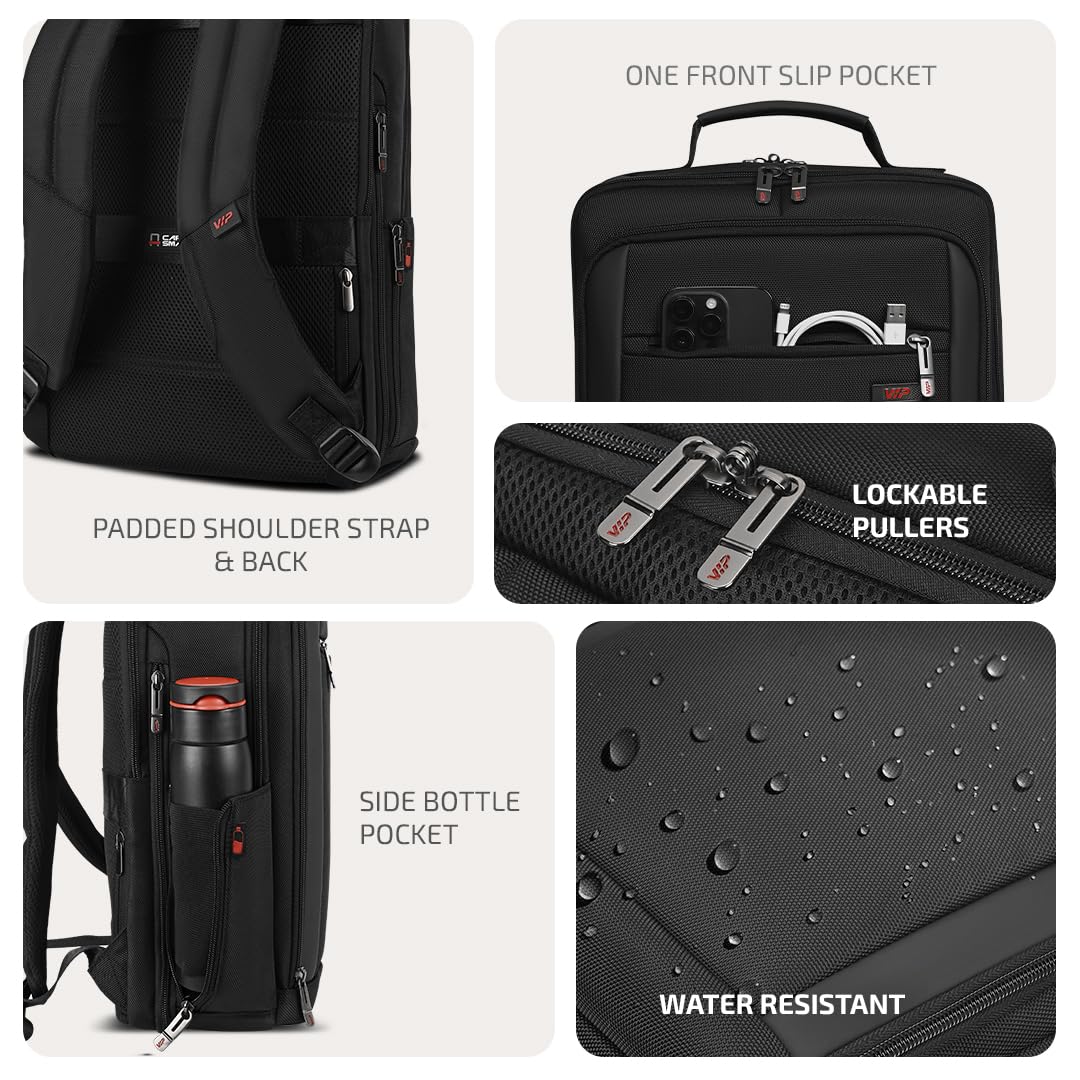VIP VOGUE 17 Inch Compatible Laptop Backpack 27L + 5L Expandable | Water-Resistant with 3 Compartments | Padded Laptop Sleeve, Side Bottle Pocket | Office & Travel Backpack for Men & Women (Black)