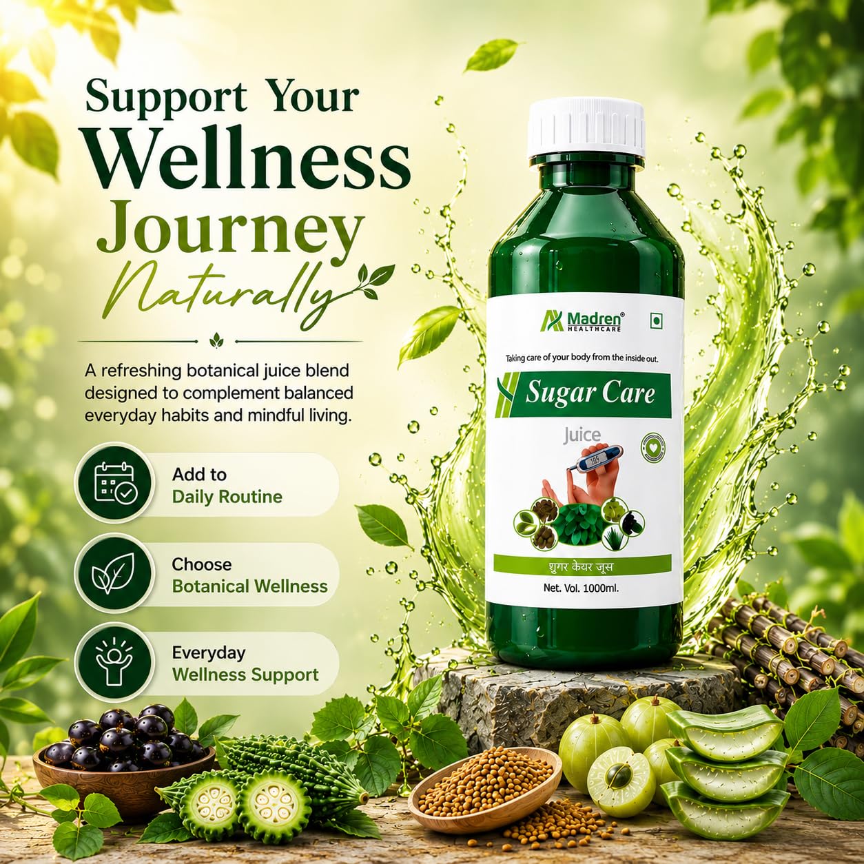 Madren Healthcare Ayurvedic Sugar Care Juice | 1 Litre | Jamun, Karela, Amla, Giloy & Aloe Vera Blend | No Added Sugar | Supports Healthy Blood Sugar Metabolism & Overall Wellness | Natural Herbal Juice