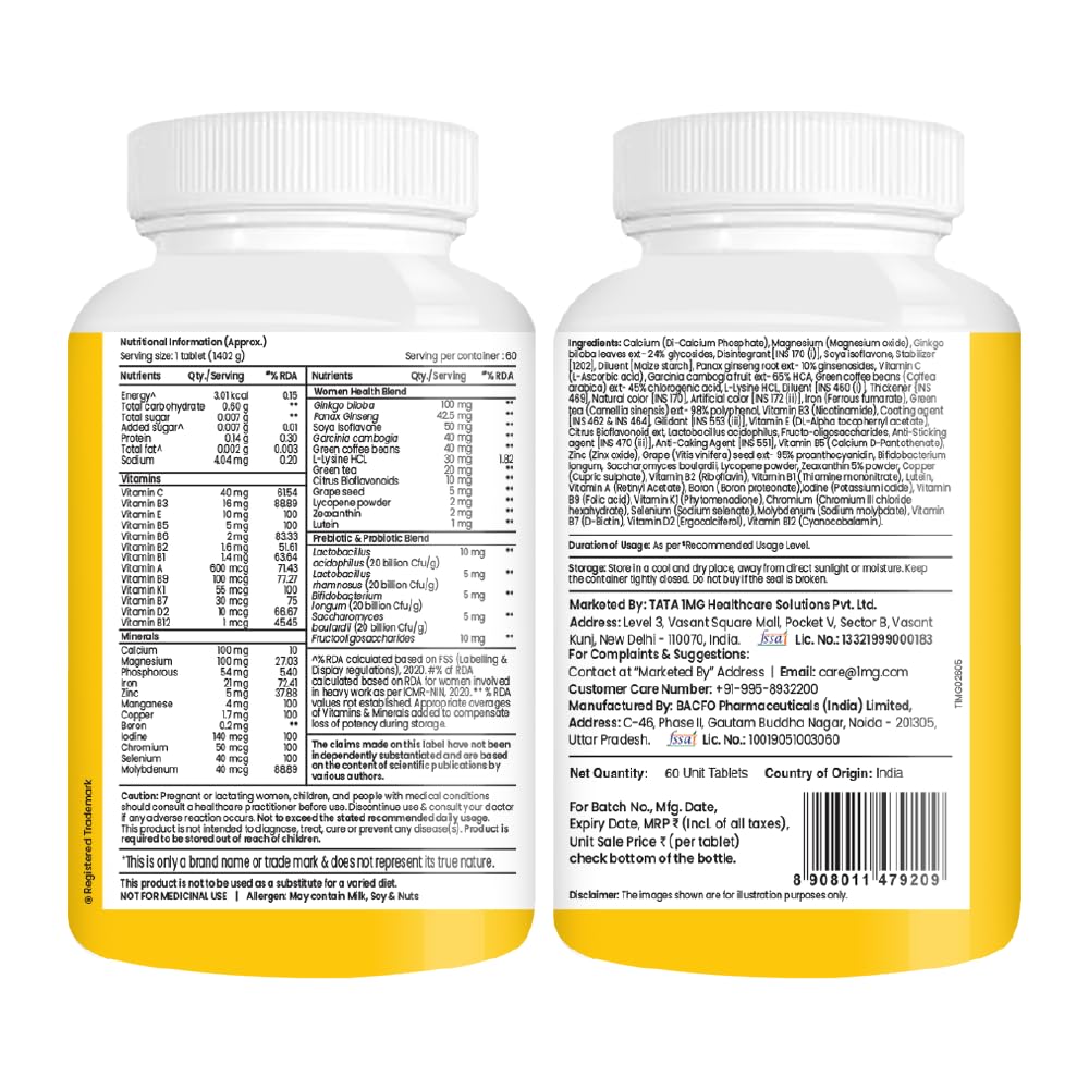Tata 1mg Women's Multivitamin Veg Tablet with Zinc, Vitamin C, Calcium, Vitamin D and Iron, Support Health Protection, Bones & Overall Health (Pack Of 60 Tablets)