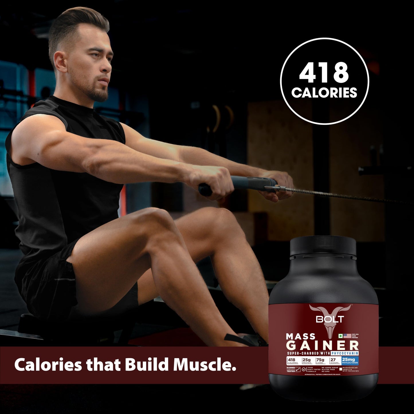 Bolt Mass Gainer Powder | Weight Gainer | Supercharge With Phycocyanin | 25G Protein, 75G Carbs & 412 Calories Per Servings | For Muscle & Weight Gain Objectives | 2Lb/907G | Madagascar Vanilla