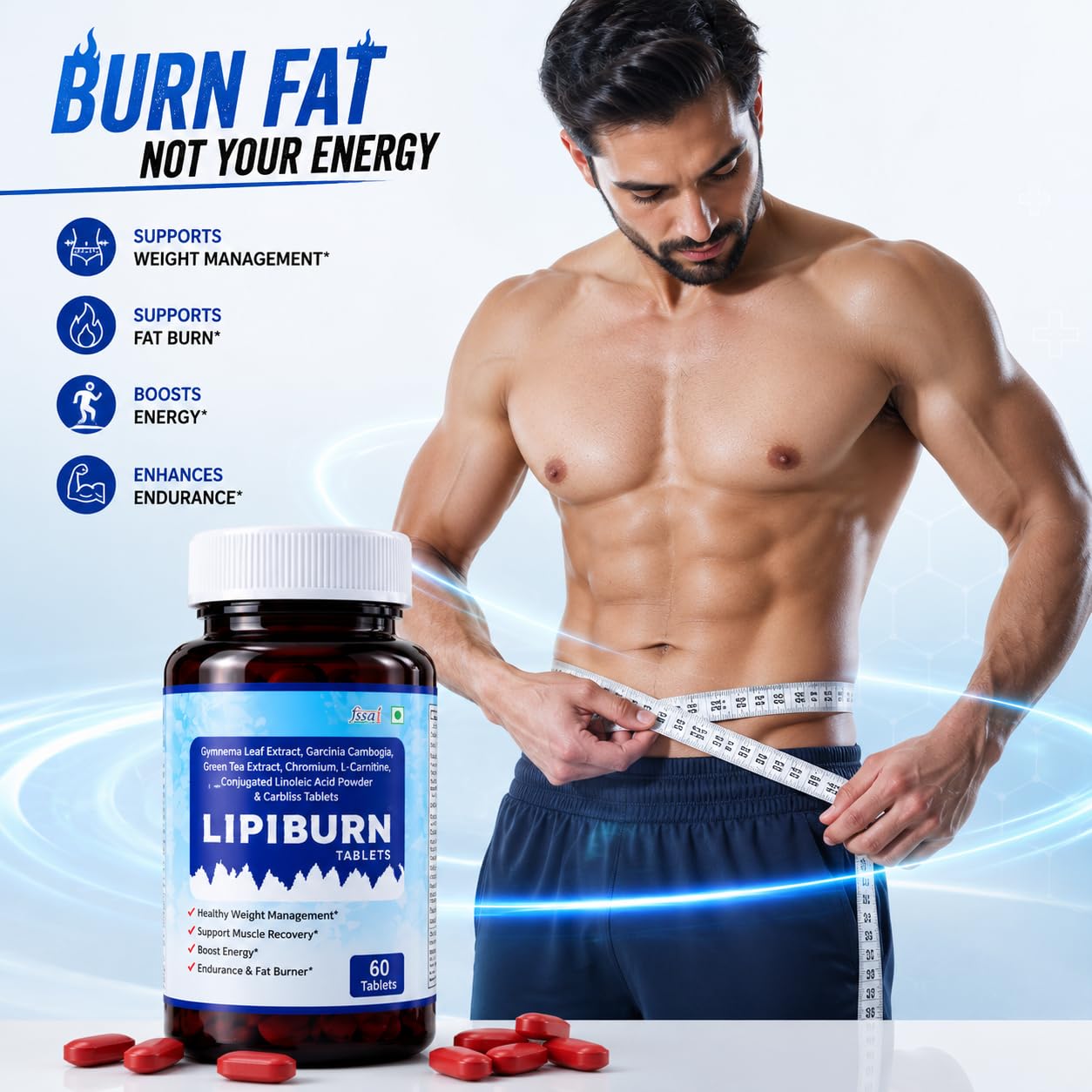 Lipiburn Fat Burner & Weight Management Tablets for Men & Women | Energy Booster & Metabolism Support | Gymnema, Garcinia Cambogia & Green Tea Extract | Supports Muscle Recovery | 60 Tablets