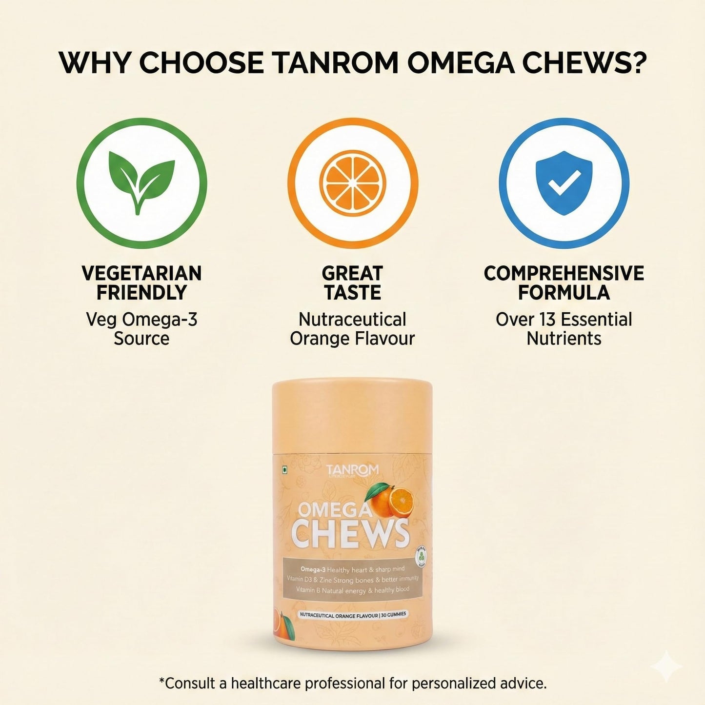 OmegaChews - Daily Orange Flavor Multivitamin Gummies (30 Pack) with Veg Omega-3, Vitamins B, C, D, Iron, Zinc, Calcium, Magnesium for Growing Kids & Busy Families - New Environment Friendly Packaging