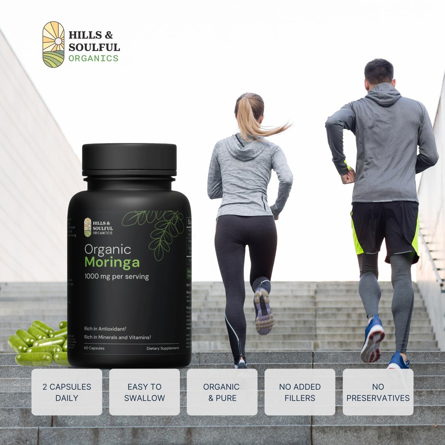 Hills and Soulful Organics Moringa Powder Capsules | Nutrient Rich Natural Green Antioxidant Superfood | Supports Energy, Skin Health, Gut Health - With Essential Vitamins & Amino Acids - 60 Capsules