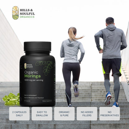Hills and Soulful Organics Moringa Powder Capsules | Nutrient Rich Natural Green Antioxidant Superfood | Supports Energy, Skin Health, Gut Health - With Essential Vitamins & Amino Acids - 60 Capsules