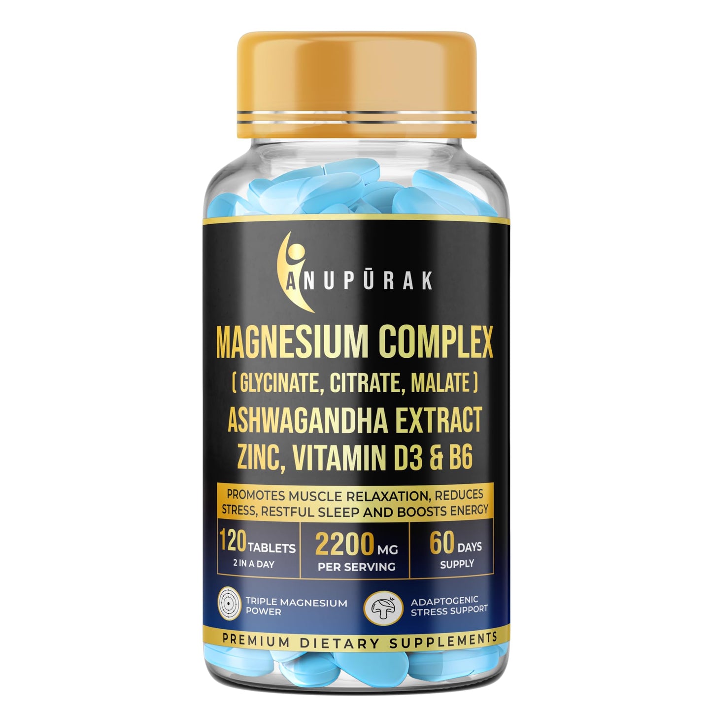 Triple Magnesium Complex Tablets | Glycinate, Malate & Citrate | 296mg Elemental Magnesium | Ashwagandha, L-Theanine, Zinc & D3 | Stress Support, Calm Focus & Muscle Function | 120 Tablets (60 Days)