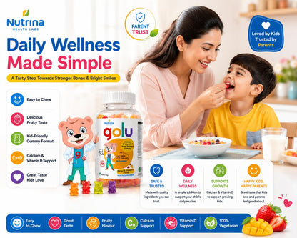 Nutrina Health Labs Golu Vegetarian Calcium+Vitamin D Gummy for Kids (5-13 years) for Strong Bones Teeth and Healthy Muscles, Nut free, Gelatin Free | 30 Gummies (1 Bottle of 30 Gummies)