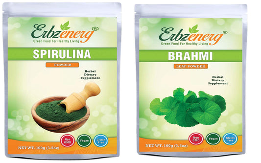 ERBZENERG® Organic Spirulina Powder 100g with Brahmi Powder 100g | Pack Of 1