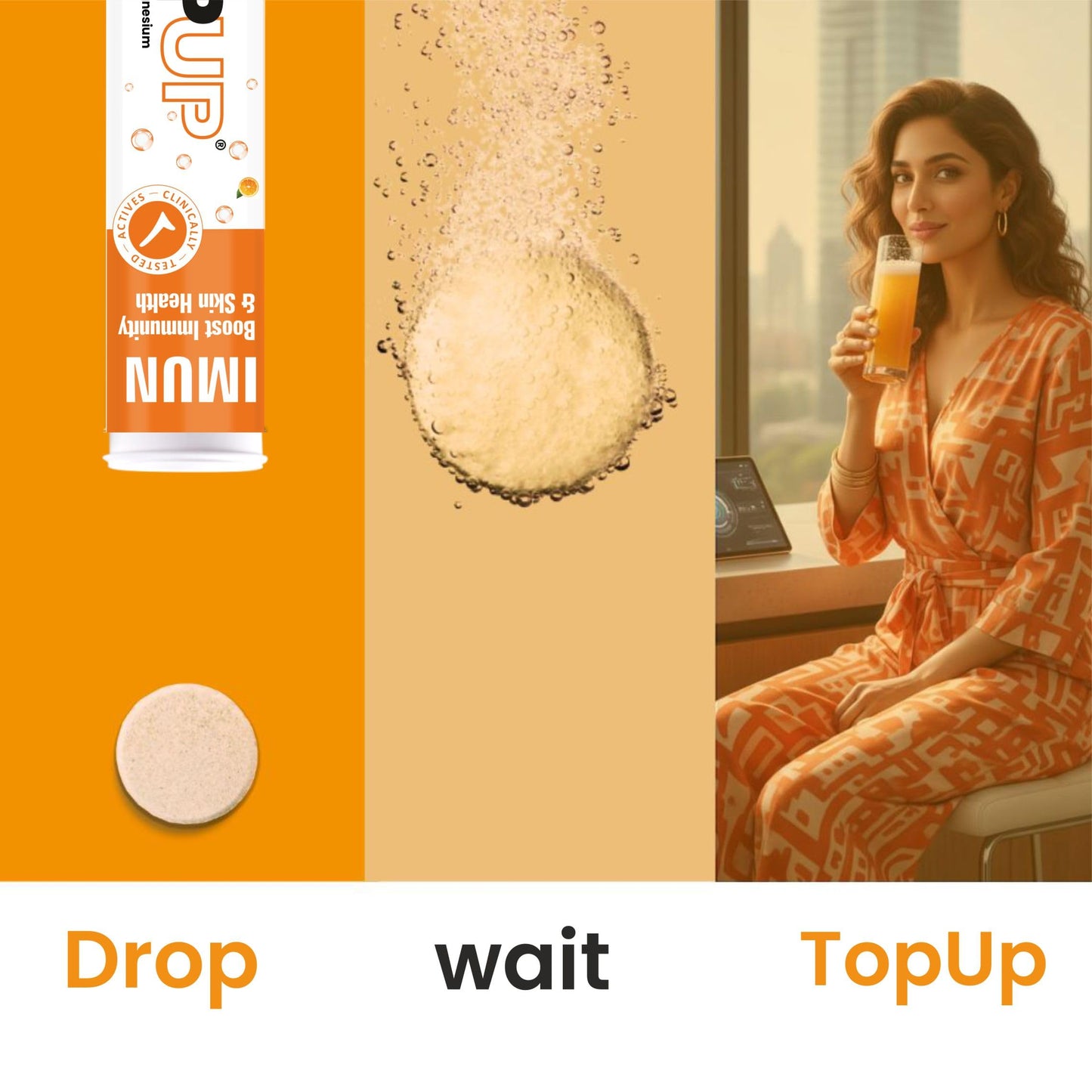 TOPUP IMUN : Boost Immunity, Skin & Muscle Health with Amla Extract, Vitamin C, Zinc & Magnesium, 16 Effervescent Tablets Per Tube - Orange Flavour (Pack of 3)