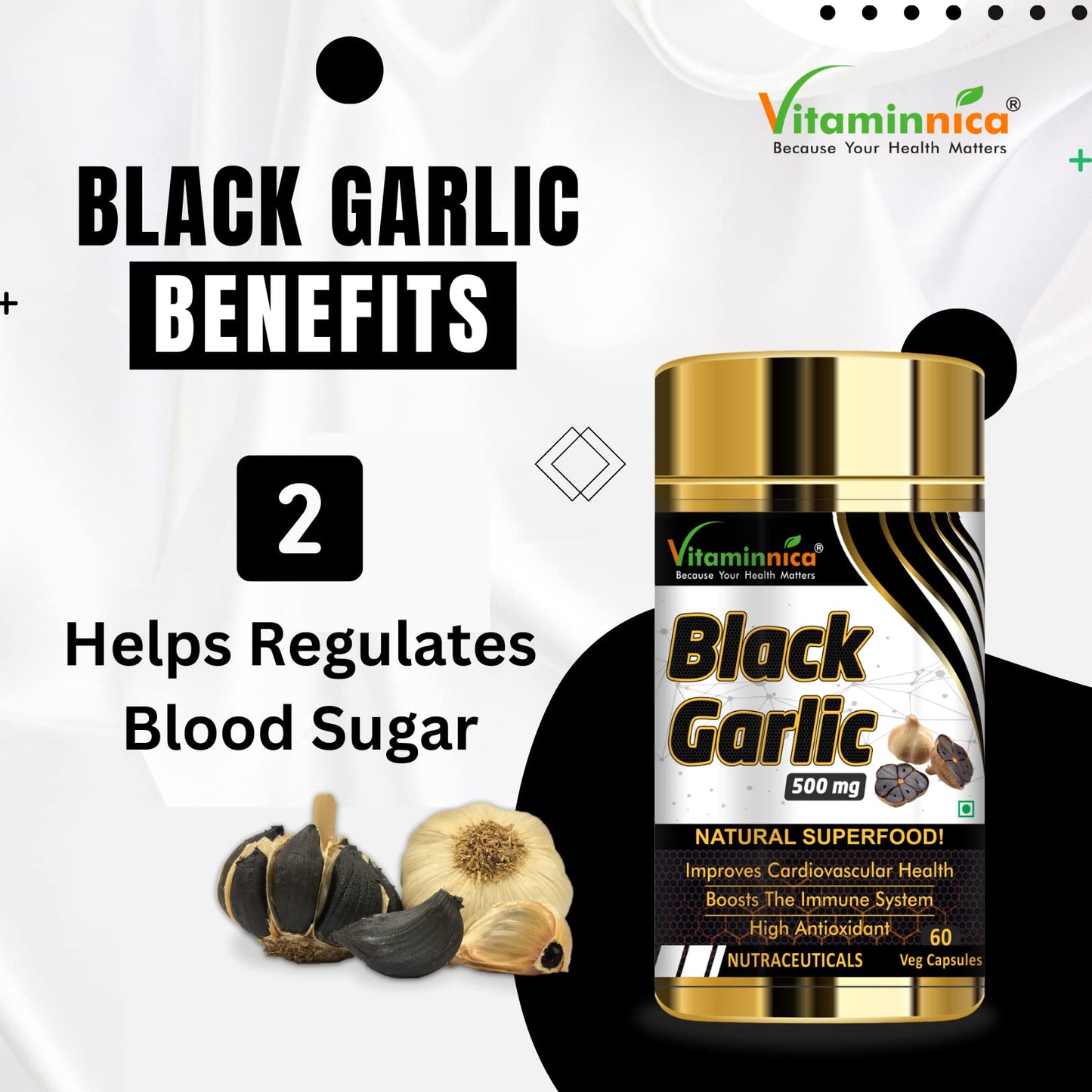 Vitaminnica 100% Natural Black Garlic Capsules Superfood Immunity Booster - Heart & Weight Management - Detox Antioxidant Supplement - 120 Veg Capsules (Pack of 2)