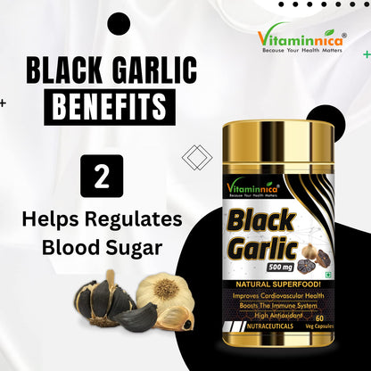 Vitaminnica 100% Natural Black Garlic Capsules Superfood Immunity Booster - Heart & Weight Management - Detox Antioxidant Supplement - 120 Veg Capsules (Pack of 2)