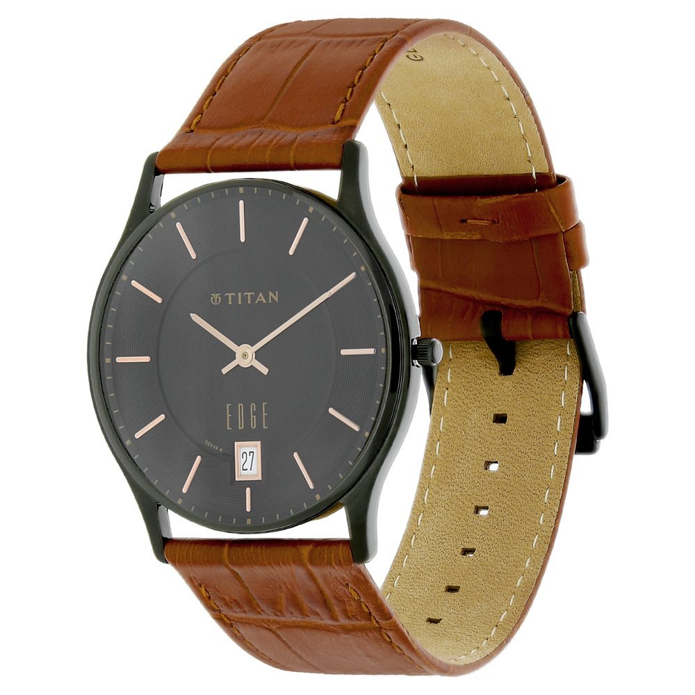 Titan Edge Grey Dial Analog with Date Leather Strap Watch for Men-NS168- image 5