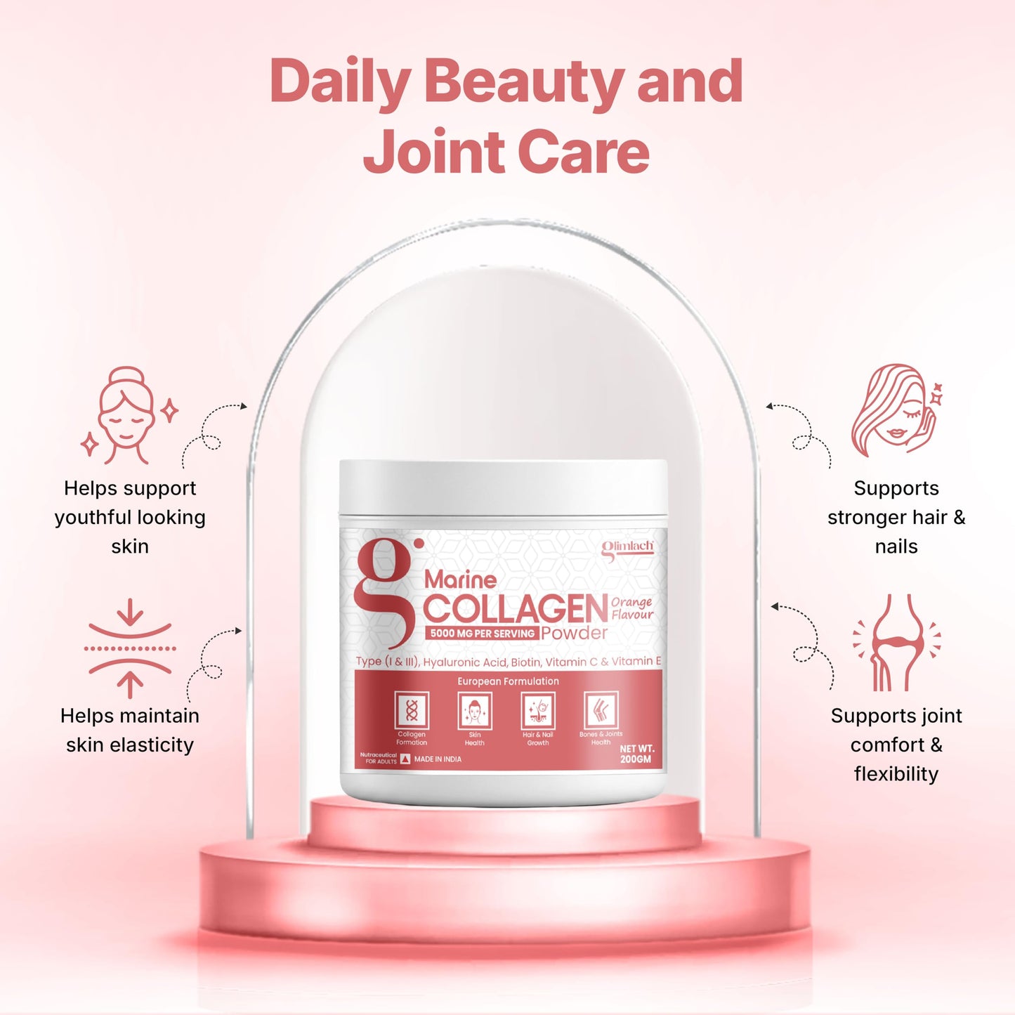 GLIMLACH Marine Collagen Supplements for Women & Men, 200g | Hydrolyzed Collagen Powder and Amino Acids | Supports Healthy Skin, Hair, Nails, Bone & Joint | Orange Flavour