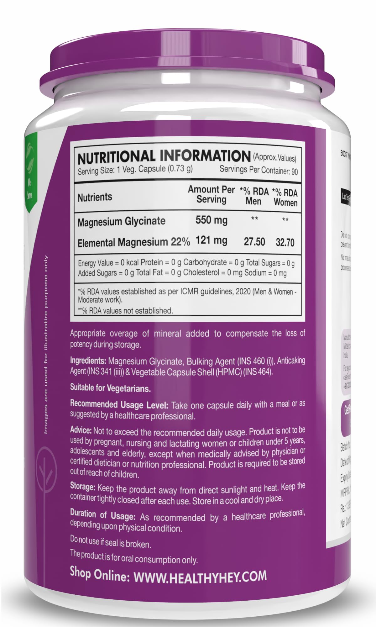 HealthyHey Nutrition High Absorption Magnesium Glycinate, 550mg - 90 Vegetable Capsules - Pack of 2