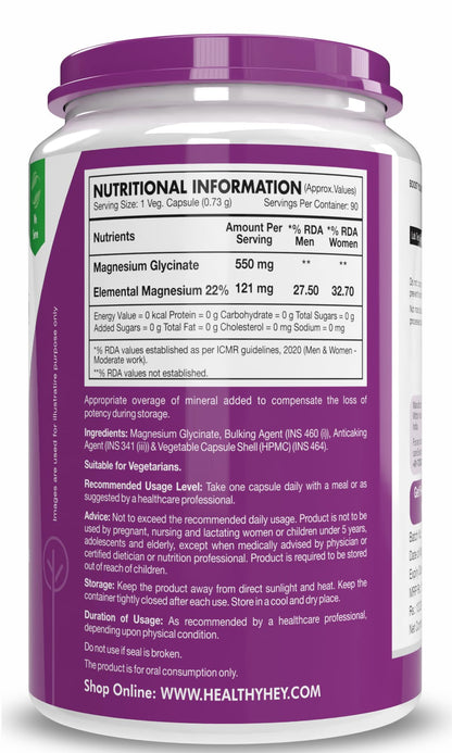 HealthyHey Nutrition High Absorption Magnesium Glycinate, 550mg - 90 Vegetable Capsules - Pack of 2