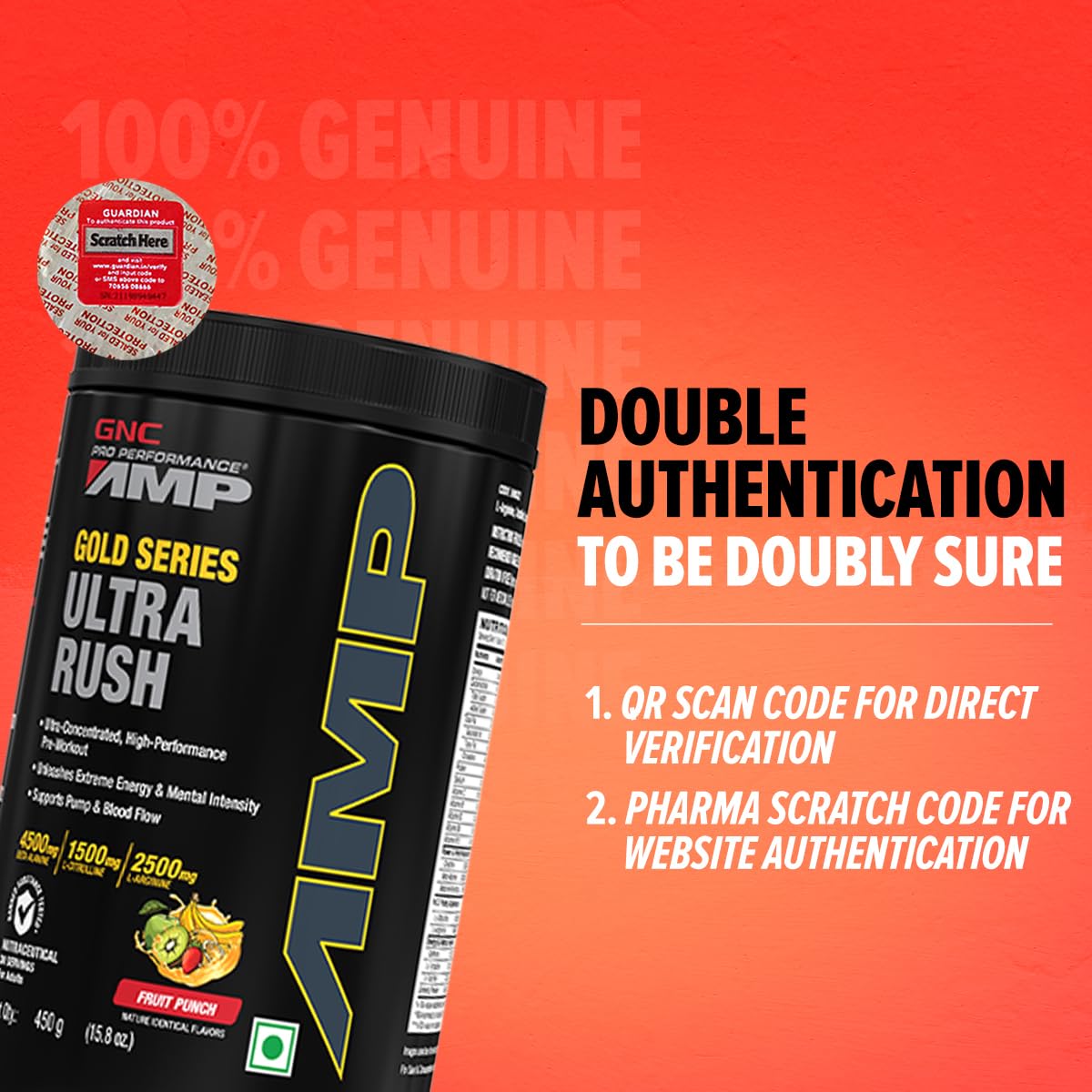 GNC AMP Gold Series Ultra Rush Pre-Workout | 450 gm | 30 Servings | Maximum Energy & Stamina | Deep Mental Focus | Powerful Muscle Pump | 4.5g Beta-Alanine | 1.5g L-Citrulline | 2.5g L-Arginine | Fruit Punch