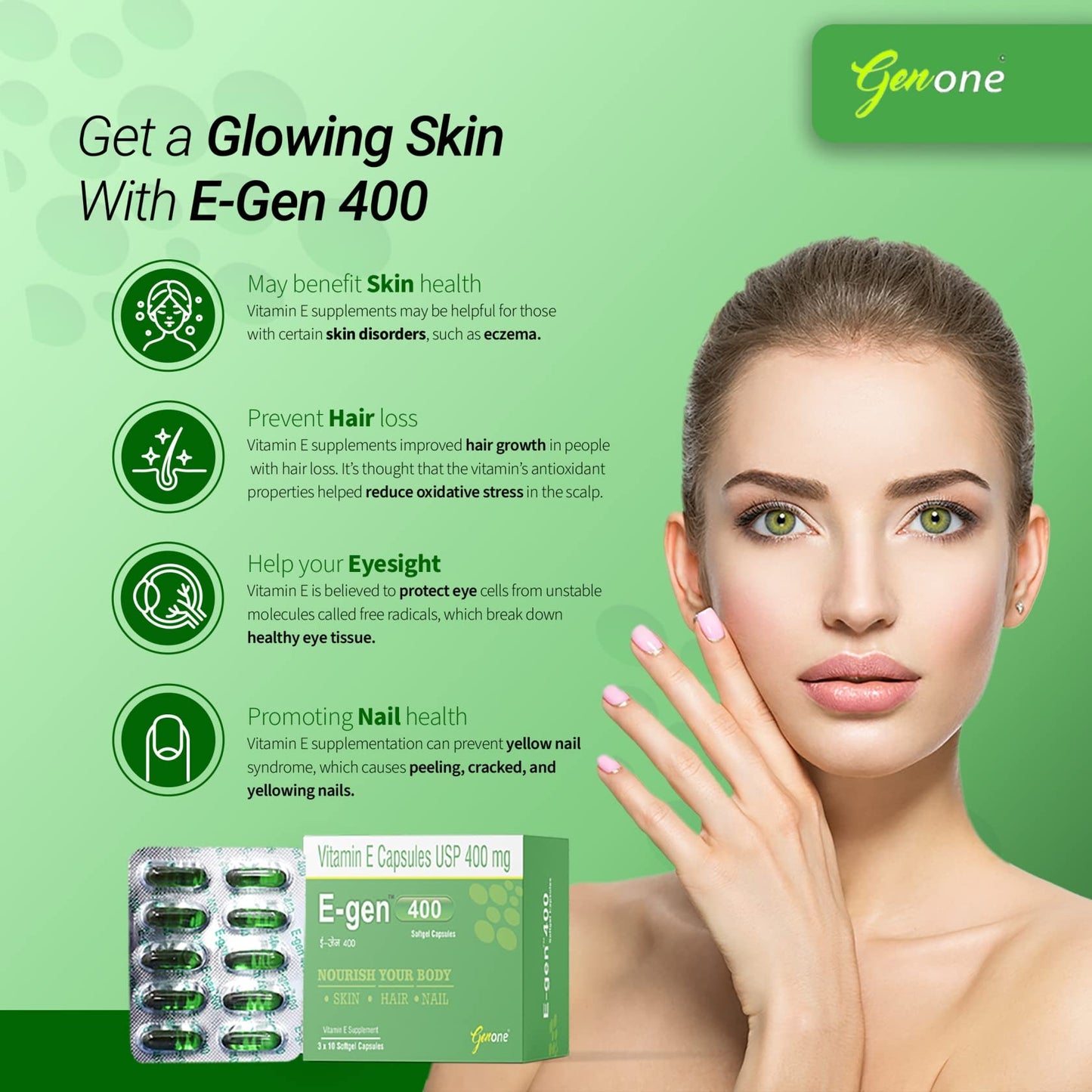 Genone E-Gen 400 Vitamin E Capsule for Glowing Face, Skin and Hair Nutrition (30 Capsules)