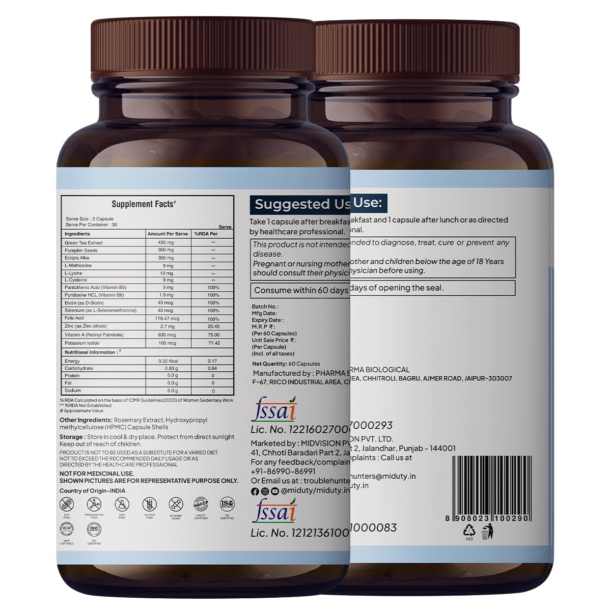 Miduty Thick & Grow Biotin Hair Supplement with DHT Blockers, Amino Acids, Vitamins & Minerals for Glowing Skin, Strong Hair & Nail- for Men & Women - 60 Veg Capsules